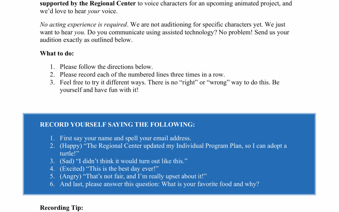 A blue promotional flyer from Public Pixels Media, producers of Lanterman and Friends, calling for voice auditions from people supported by the Regional Center. It states no acting experience is required and welcomes people who use assisted communication technology. Instructions ask participants to record themselves saying their name and spelling their email, then perform several lines with different emotions (happy, sad, excited, angry), and answer a question about their favorite food. Recordings should be made on a phone in a quiet place and emailed to auditions@publicpixelsmedia.com . The flyer features the Lanterman and Friends logo at the top and illustrated cartoon characters standing together along the bottom.
